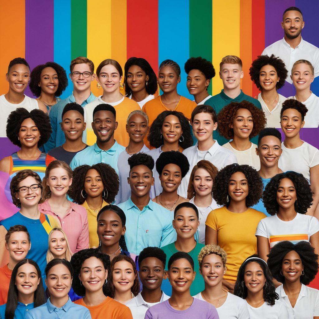 A vibrant collage of diverse individuals sharing their personal stories, set against a colorful backdrop symbolizing unity and pride. Incorporate elements of LGBTQ+ flags and symbols to emphasize inclusivity. Each person should express a range of emotions, showcasing authenticity and resilience. Warm, inviting lighting to enhance the atmosphere of openness and connection. super-realistic. vibrant colors. 3D.