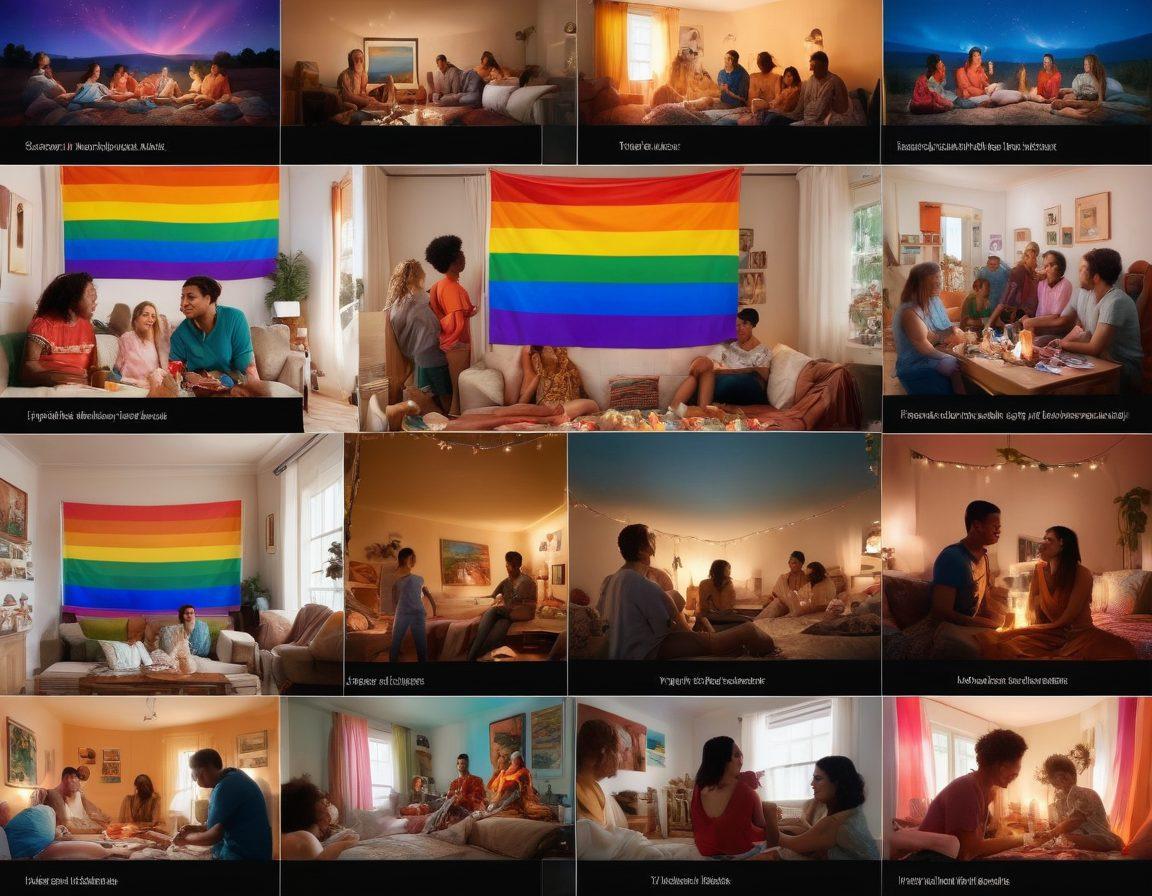 A vibrant collage of various home video clips blending into heartwarming scenes that depict diverse queer experiences: a family gathering with rainbow flags, a couple sharing a moment of joy, friends celebrating a pride event, and a person reflecting in a cozy room. Each scene should portray authenticity and warmth, with soft glowing lights and a colorful, inclusive atmosphere. super-realistic. vibrant colors. 3D.