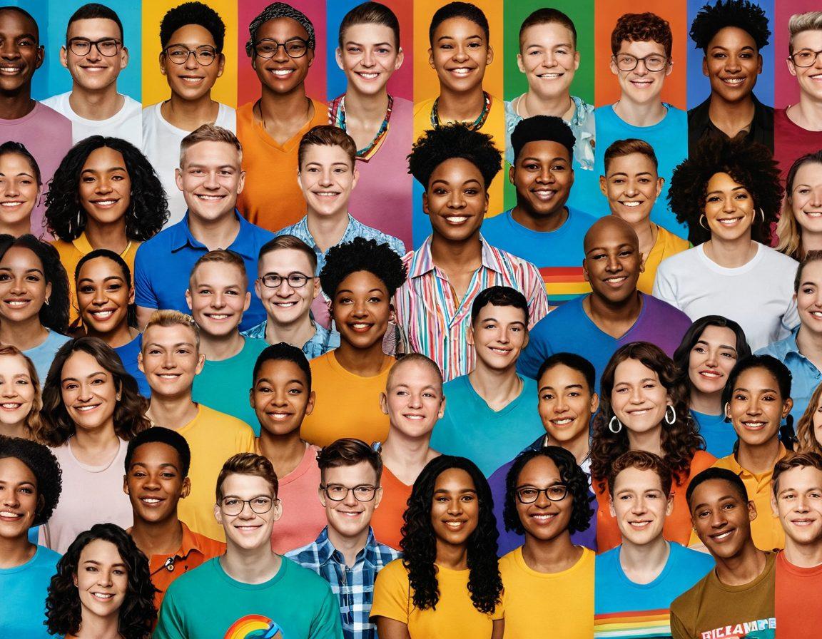 A vibrant collage of diverse LGBTQ+ individuals sharing their personal stories, with expressive facial emotions and body language. The background should feature a cultural tapestry representing various communities, filled with colorful symbols of pride and unity. Include elements like rainbow flags, heart-shaped icons, and handwritten quotes to symbolize authenticity and connection. Bright, engaging colors to evoke warmth and community spirit. super-realistic. vibrant colors. 3D.